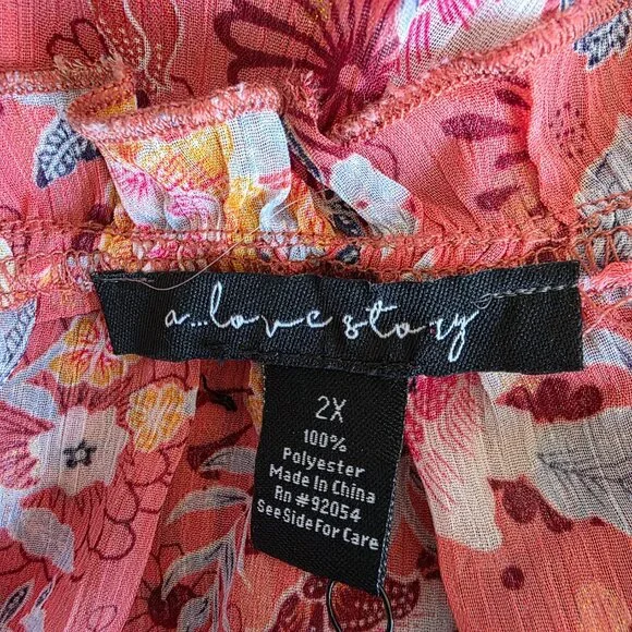 NEW Women Plus 2X Chiffon Pink Floral Relax Fit Blouse Gold Sparkle A Love Story - Picture 10 of 11